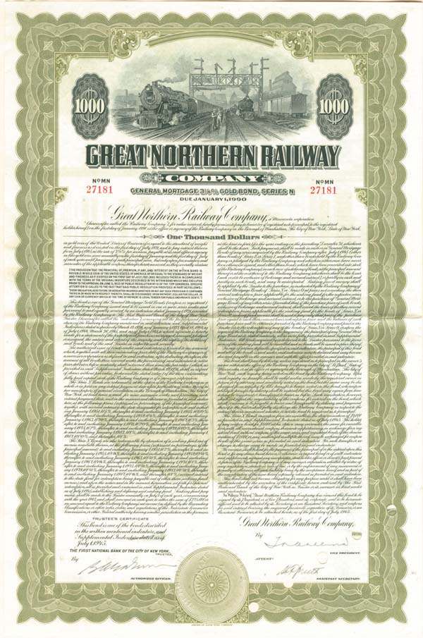 Great Northern Railway Co. - 1945 dated Railroad Bond